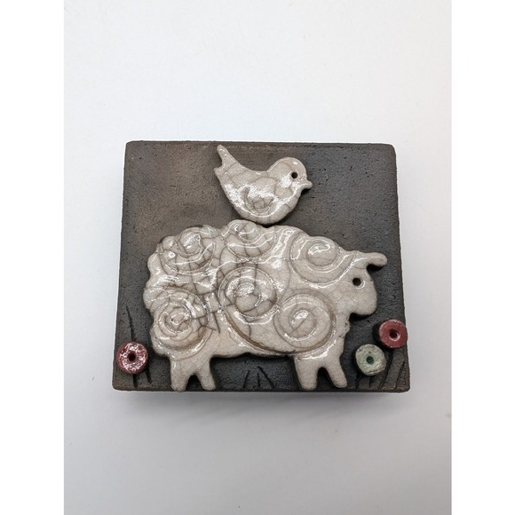 Hand Made Ceramic Raku Sheep Tile 4X3 Made in Italy Bird 3D Free Standing Plaque - Picture 2 of 6